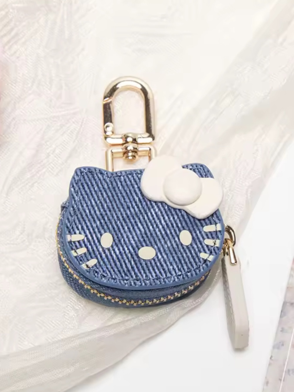Hello Kitty Blue Denim Coin Pouch Keychain with White Bow